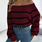 Women's Off The Shoulder Sweater - 2025 Fall Winter Striped Long Sleeve Pullover Top