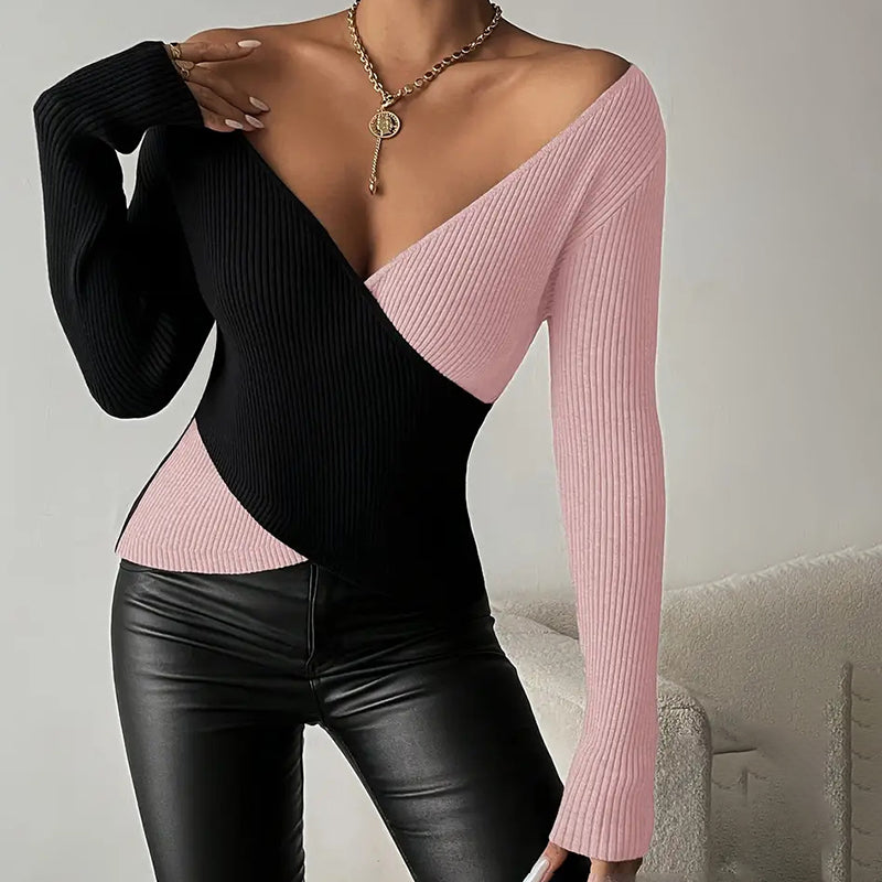 Women's Elegant V-Neck Cross Front Sweater, Color Block Knit Top For Spring And Fall Layering