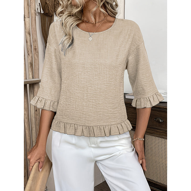 Womens 3 4 Length Sleeve Tops Loose Fit Casual Crew Neck Shirts Ruffle Tunic Blouses