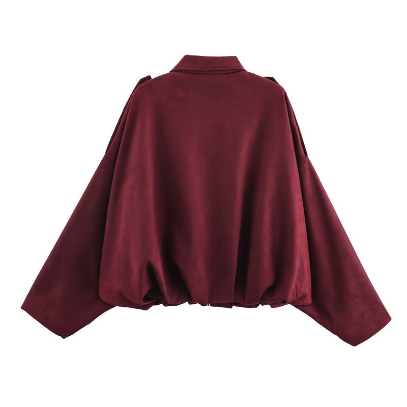 Women's Solid Color Notch Lapel Batwing Sleeve Zip-Up Jacket - Casual Pilot Style Cropped Top