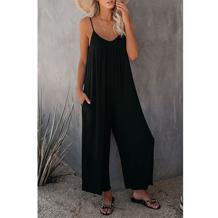 Women's Fashion Solid Color Pocket Loose Casual Sling Jumpsuit