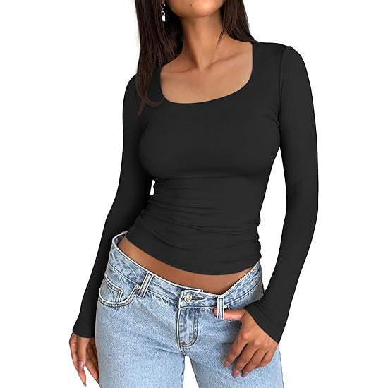 Solid Color Double Layer Square Collar Slimming Sexy Long Sleeve Women's T-shirt