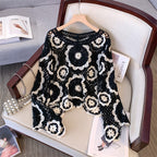 Women's Crochet Lace Yoke Sweater, Geometric Pattern Long Sleeve Pullover With Eyelet Embroidered Trim