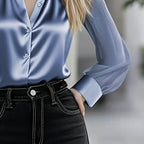 Women's Elegant Satin Blouse With Mesh Sleeves, Solid Color Chic Button-Up Shirt