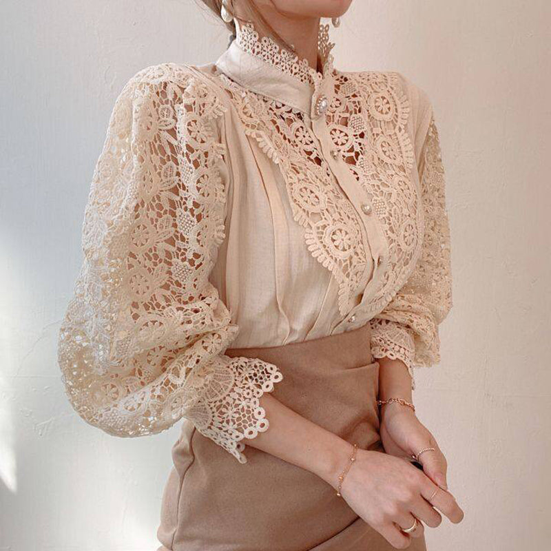 Elegant Women's Vintage Pearl Button Lace Blouse - Puff Sleeve Semi-Sheer Ruffled Stand Collar Shirt Spring&Summer Office & Vacation Top