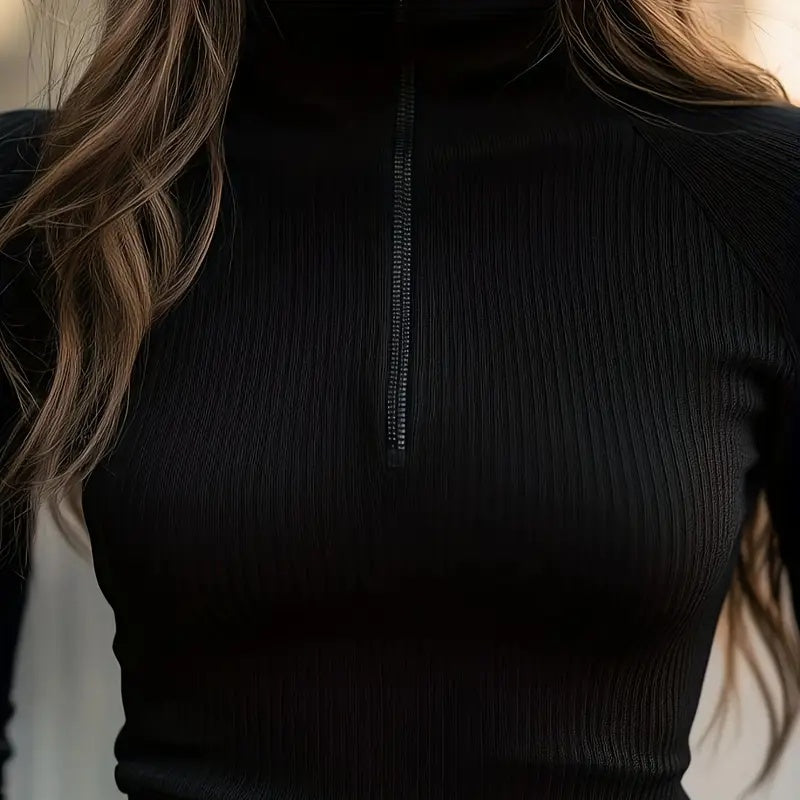 Women's Solid Color Ribbed Turtleneck Top, Half-Zip Long Sleeve Knit Shirt For Autumn