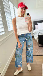 Women's Boho Floral Print Wide Leg Jeans, Mid-Rise Cropped Denim With All-Over Flower Pattern, Casual Summer Pants