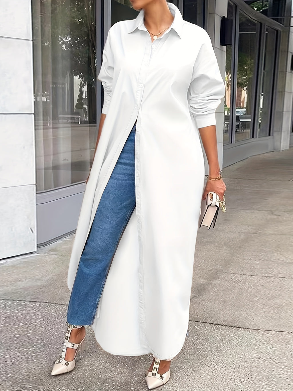 Women's Solid Button Design Longline Shirt, Casual Long Sleeve Outerwear For Daily Wear, Ladies Clothes For All Seasons, Top