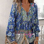 Wpmens Boho Chic Long Sleeve Blouse Floral Print V-Neck Top With Lace-Up & Drawstring Detail Elegant Vacation Shirt