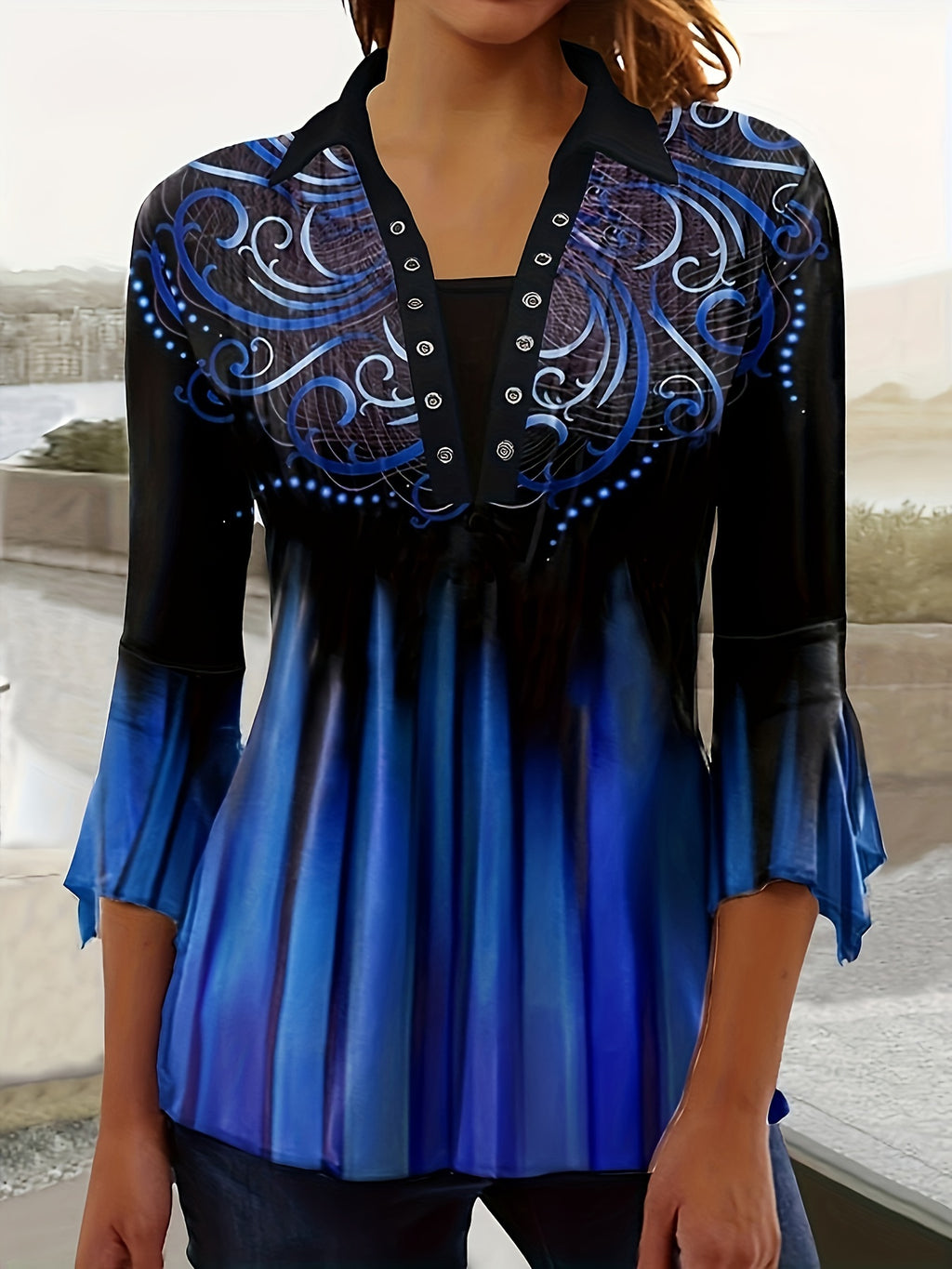 Spring And Autumn New Printed Lapel Blue Three-quarter Sleeve T-shirt Irregular Cuff Button Top