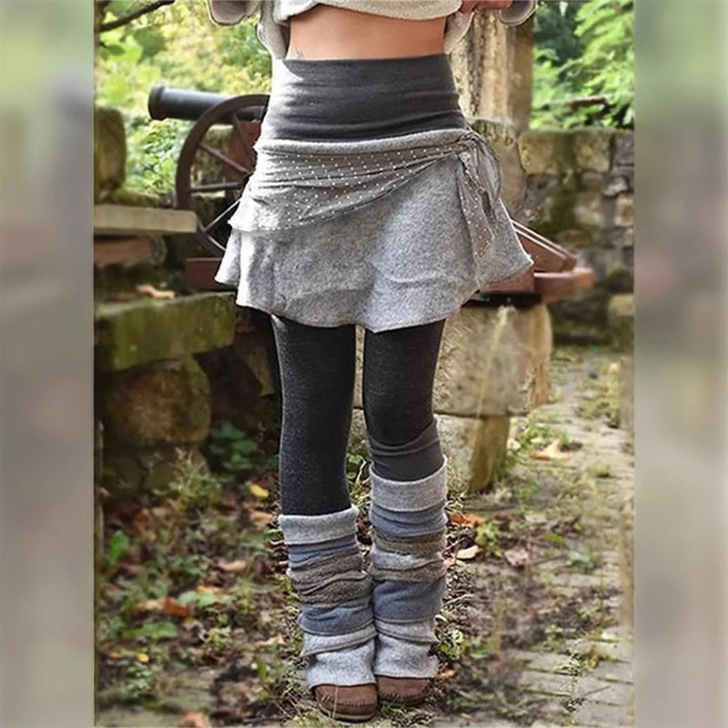 Women's Color Block Irregular Print Legging Skirt - Retro Style Layering Skort For Spring&Fall