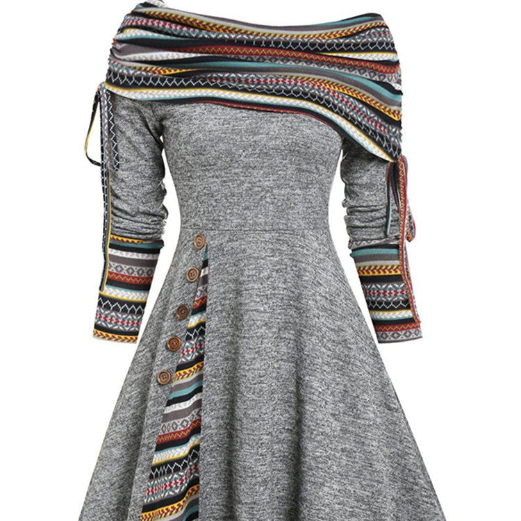 Autumn And Winter New Fashion Women's Waist Large Swing One Shoulder Long-sleeved Dress Female