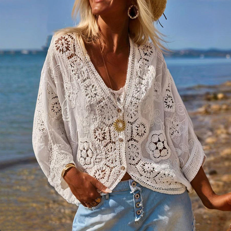 Women's V-Neck Button-Up Lace Cardigan Semi-Sheer Geometric Pattern Mid-Long Sleeve Lightweight Beach Spring&Summer Fashion