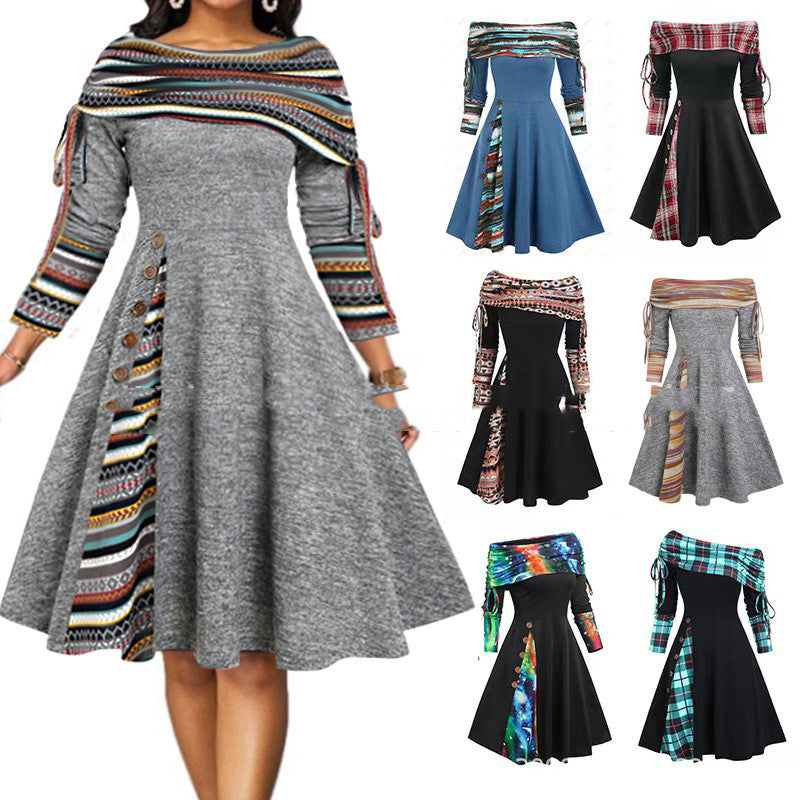 Autumn And Winter New Fashion Women's Waist Large Swing One Shoulder Long-sleeved Dress Female