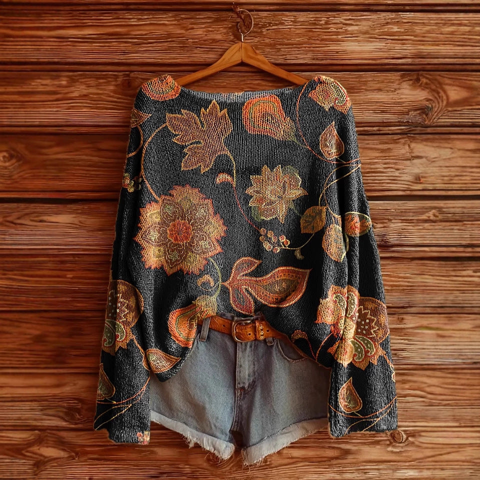 Women's Printed Loose Retro Long-sleeved Brushed Top