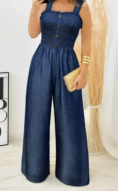 Stylish Ruched Jumpsuit - Sleeveless, Shirred, Wide Leg, Solid Color, Button Decor, Casual, Spring & Summer Essential - Women's Fashion Clothing For Warm Weather