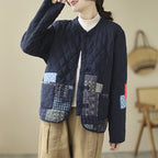 Vintage Patch Cardigan Loose Casual Buckle Rhombus Cotton-padded Jacket