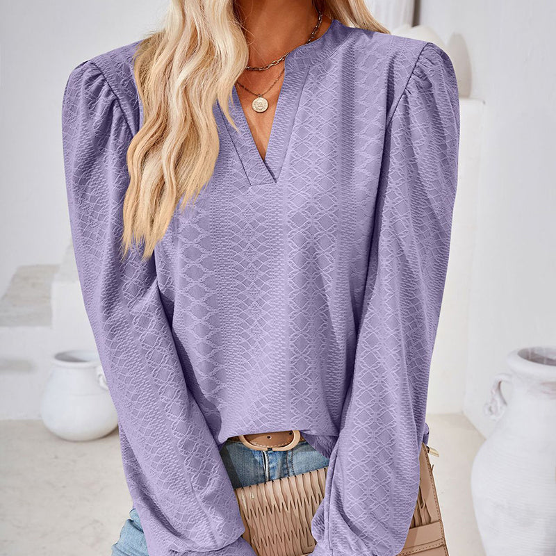 Women's Puff Sleeve V-Neck Blouse, Loose Long Sleeve Casual Work Top