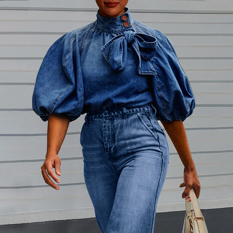Women's Denim Puff Sleeve Top Solid Color Stand Collar Blouse With Bow Detail For Spring And Fall