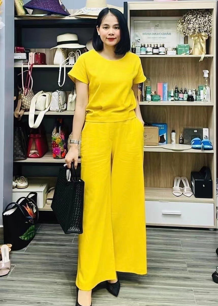 European And American Women's Linen Casual Loose Solid Color Suit Two-piece Women