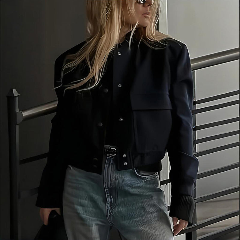 Women's Solid Color Long Sleeve Baseball Jacket With Button Front & Pockets - Casual Short Jacket For Spring&Fall