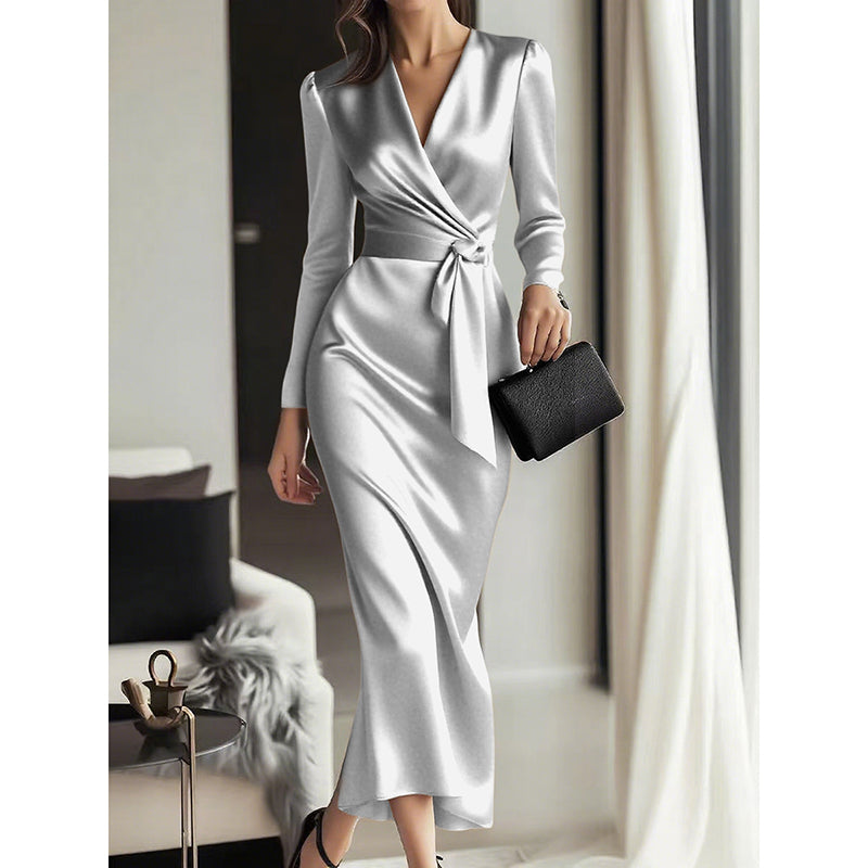 Women's Burgundy Satin Midi Dress Elegant V-Neck Long Sleeve Bodycon Dress With Belted Waist