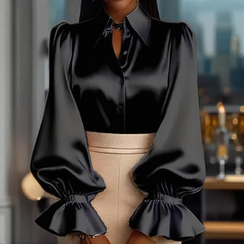 Women's Puff Sleeve Button Down Blouse, Ruffle Detail Dressy Casual Work Top