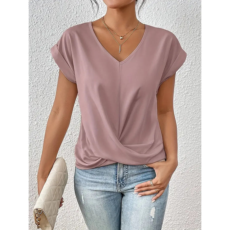 Women's Comfy Casual Summer Tops Short Sleeve V Neck Blouses T Shirts Twist Knot Basic Tees