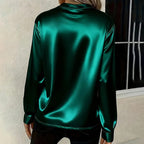 Women's Elegant Solid Color V-Neck Blouse, Button Cuff Long Sleeve Wrinkle Resistant Office Shirt