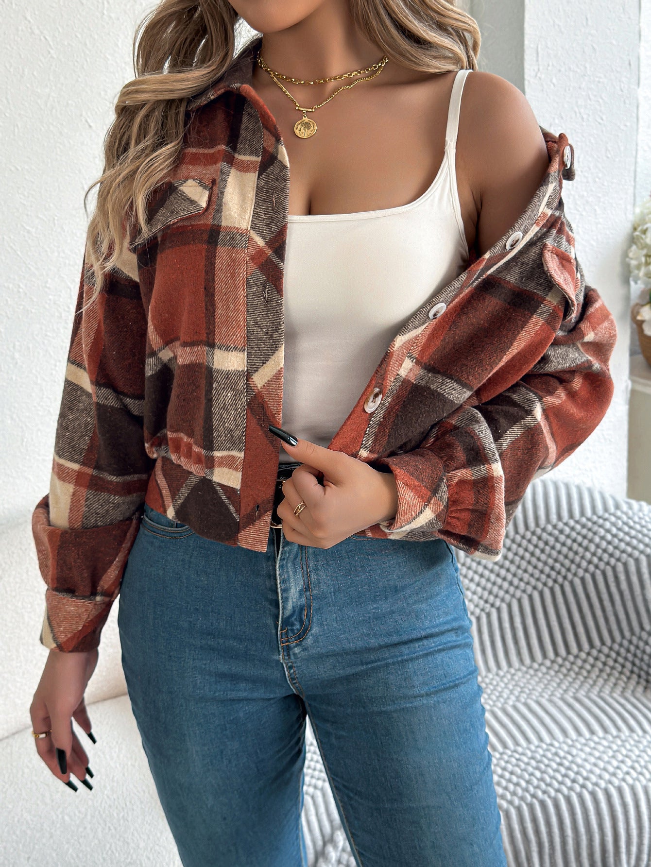 Autumn And Winter Casual Plaid Pocket Long Sleeve Woolen Jacket Coat