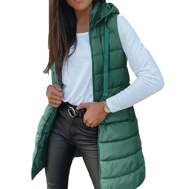 Women's Solid Color Sleeveless Hooded Vest, Mid-Length Zip-Front Waistcoat With Pockets For Spring And Fall Layering