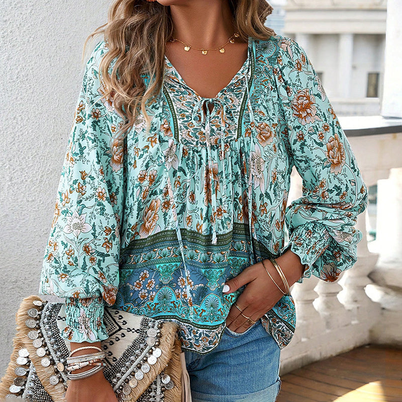 Wpmens Boho Chic Long Sleeve Blouse Floral Print V-Neck Top With Lace-Up & Drawstring Detail Elegant Vacation Shirt