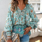 Wpmens Boho Chic Long Sleeve Blouse Floral Print V-Neck Top With Lace-Up & Drawstring Detail Elegant Vacation Shirt