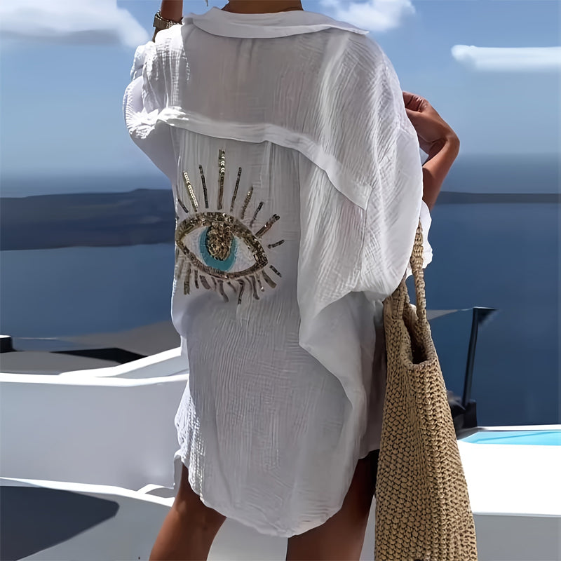 Women's Oversized Button-Down Shirt With Sparkling Eye Print On Back Long Sleeve Blouse For Spring And Fall