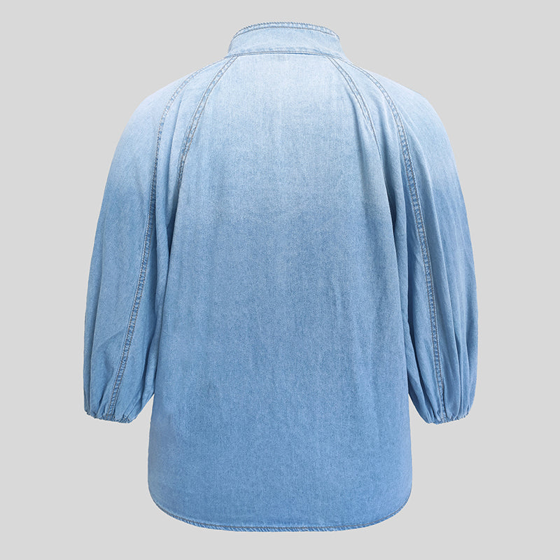 Women's Denim Puff Sleeve Top Solid Color Stand Collar Blouse With Bow Detail For Spring And Fall