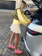 Yellow Solid Color Round Neck Long Sleeved Knitted Women's