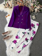 2025 New Elegant And Fashionable Casual Floral Print Set, Double Breasted Purple Suit Jacket And Floral Print High Waisted Slim Pants, Spring And Autumn Women's Clothing