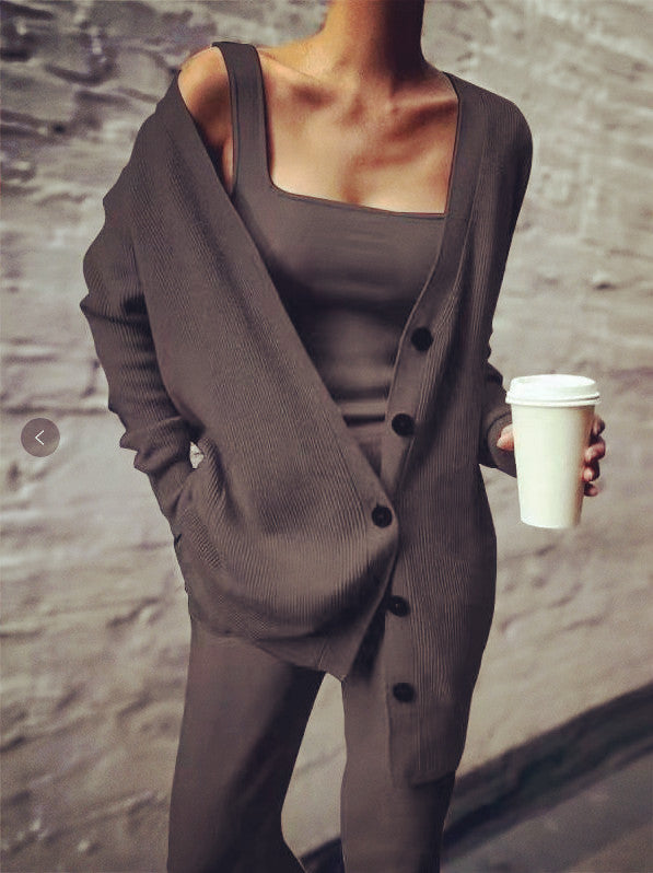 Knitted Three-Piece Women's New Coat Vest Pants Suit