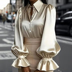 Women's Puff Sleeve Button Down Blouse, Ruffle Detail Dressy Casual Work Top