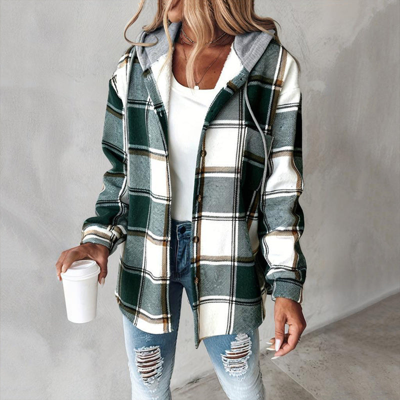 Women's Plaid Drawstring Hoodie Long Sleeve Shirt Button Front Casual Tops Spring&Fall Fashion Minimalist Style