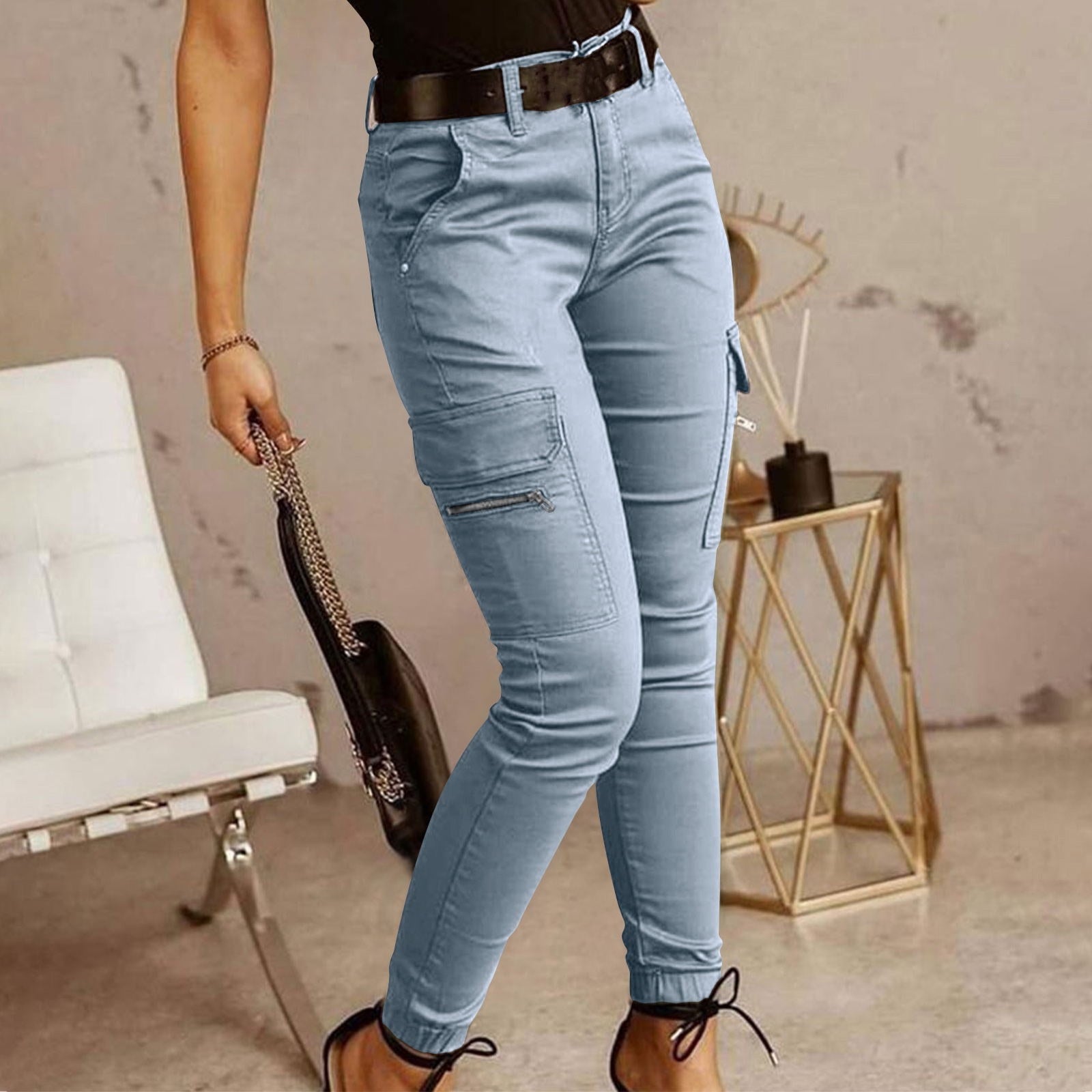 European And American Women's Trousers, Low-waisted Buttons, Solid Color Pockets