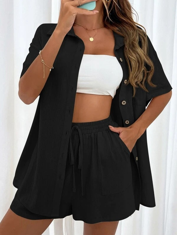 Women's Fashion Shorts Two Pieces Solid Color Shirt Suit