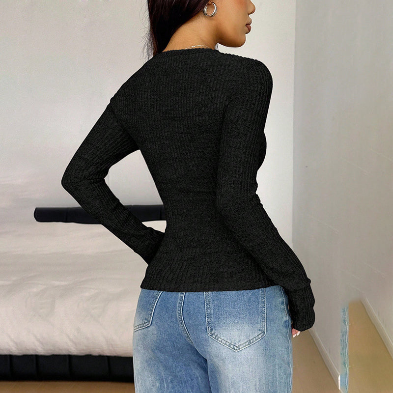 Women's Lace V-Neck Top, Long Sleeve Slim Fit Spring Fall Shirt