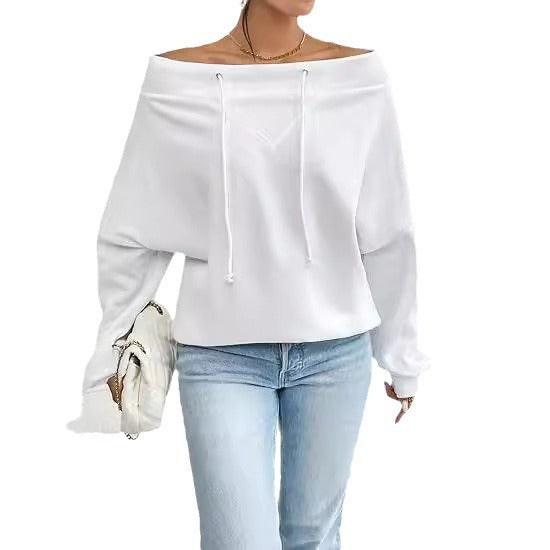 Women's Loose Solid Color Casual Drawstring Off-the-shoulder Off-shoulder Top
