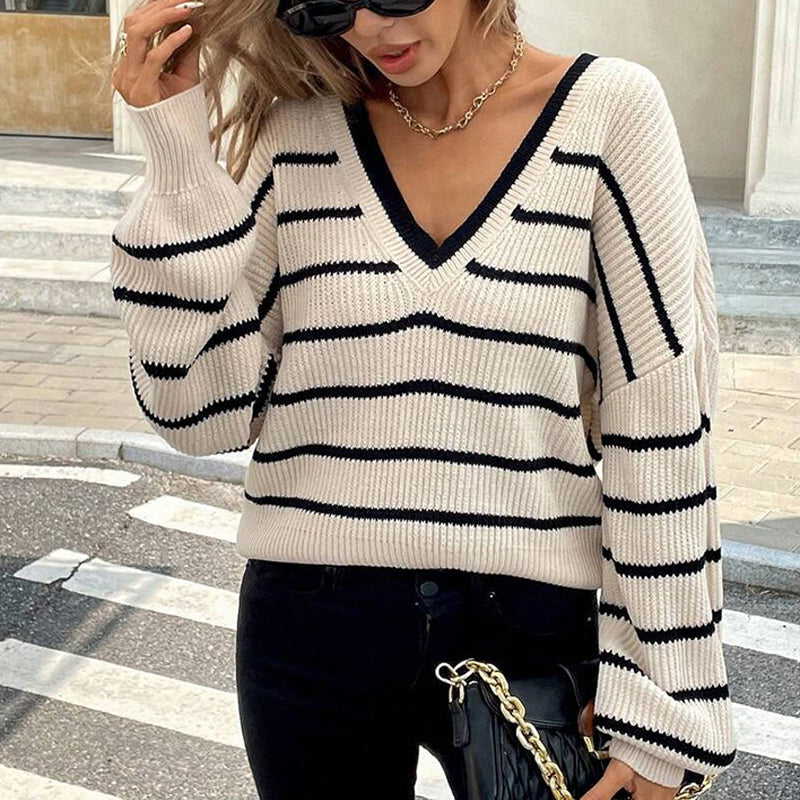 Women's Elegant Striped V-Neck Sweater, Back Tie Bow Detail Loose Fit Pullover For Spring And Fall