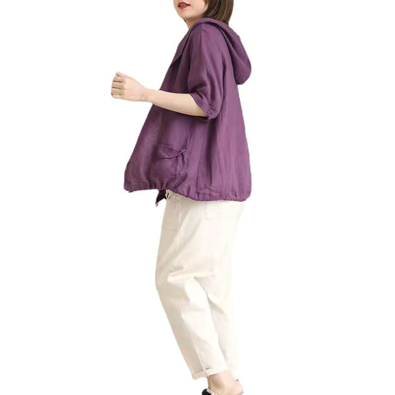 Women's Large Loose Vintage Cotton And Linen Casual Thin Hooded Cardigan