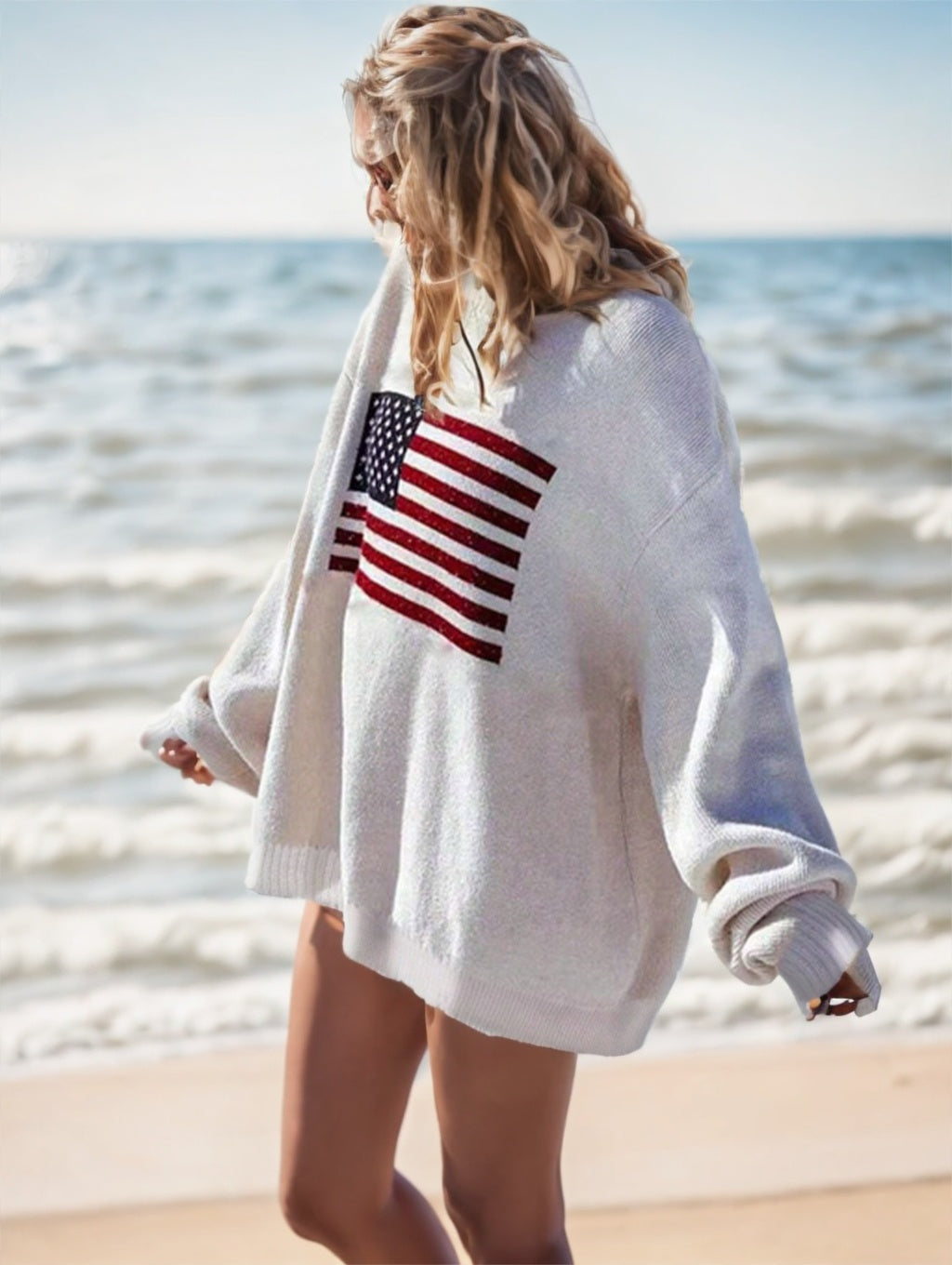 Usa Flag Design Drop Shoulder Sweater,Long Sleeve Tops