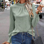Women's Textured Blouse - Elegant Eyelet Ruffle Collar Long Sleeve Shirt, Dressy Casual Work Top