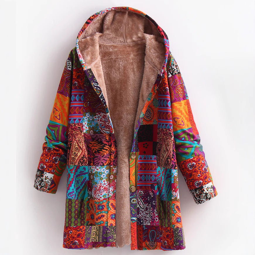 Women's Cotton And Linen Printed Hoodie Warm Plush Coat