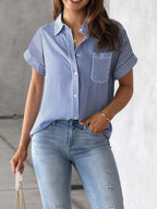 Elegant Plus Size Striped Blouse With Pocket - Casual Short Sleeve, Button-Up Collared Shirt For Women